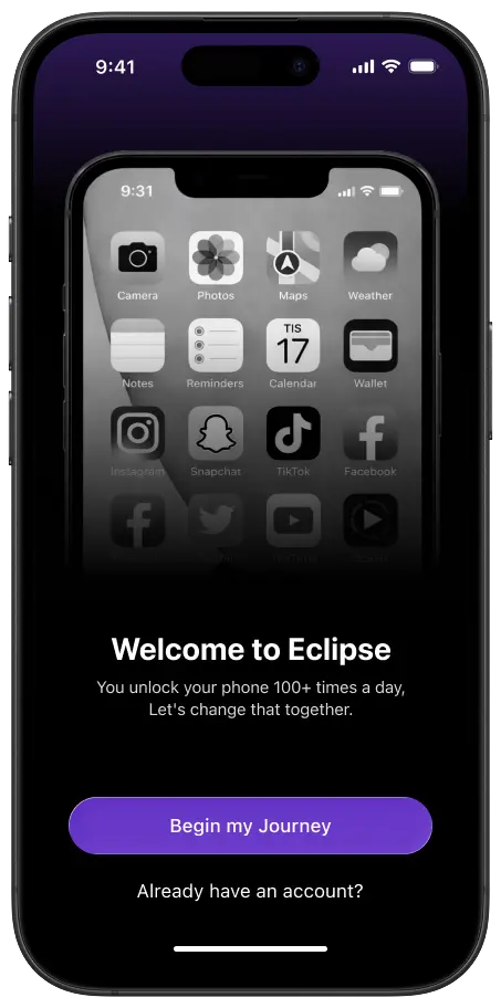 Eclipse app welcome screen showing a grayscale iPhone home screen